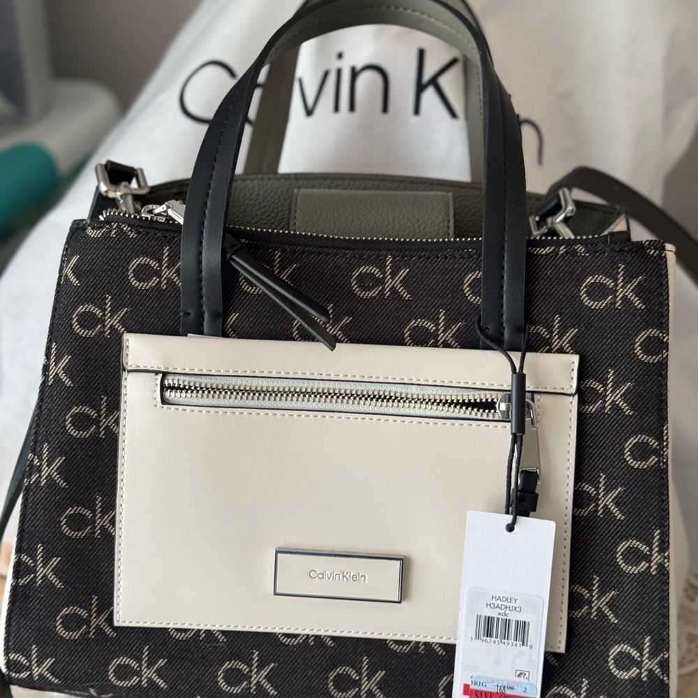 Calvin Klein Black and Cream Satchel with Monogram Design